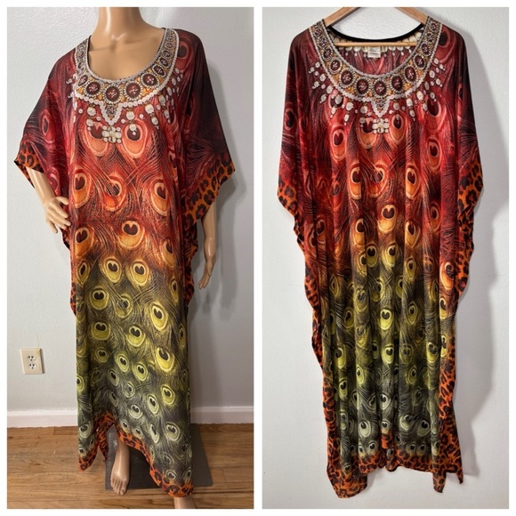Rima Boho Artsy Multi Color Embellished Kaftan Dress Beach Cover Size OS - Picture 1 of 8